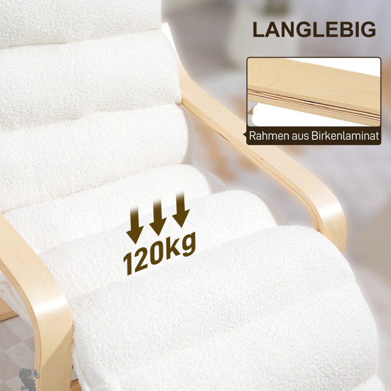 Keinunoja­tuoli säädettävällä jalkatuella, sherpa-fleece-verhoilu, koivulamellirunko, valkoinen