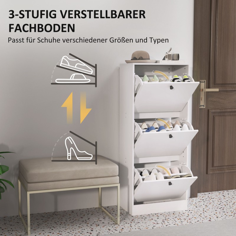 Kenkäkaappi eteiseen, 3 kippiovea, säädettävät hyllyt, lastulevy, 47 x 28 x 115 cm, valkoinen