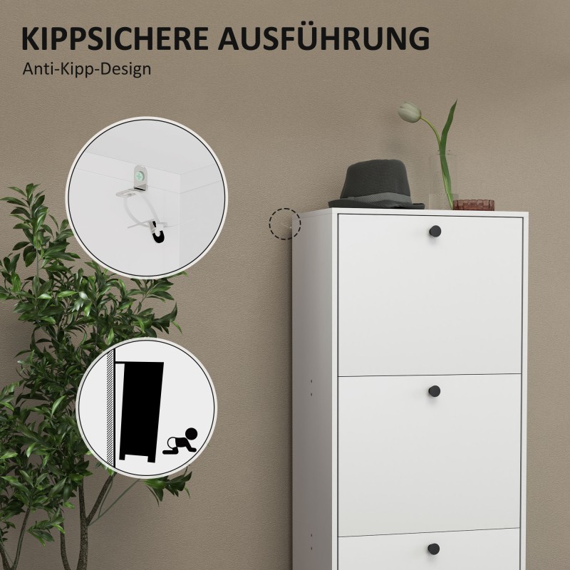 Kenkäkaappi eteiseen, 3 kippiovea, säädettävät hyllyt, lastulevy, 47 x 28 x 115 cm, valkoinen