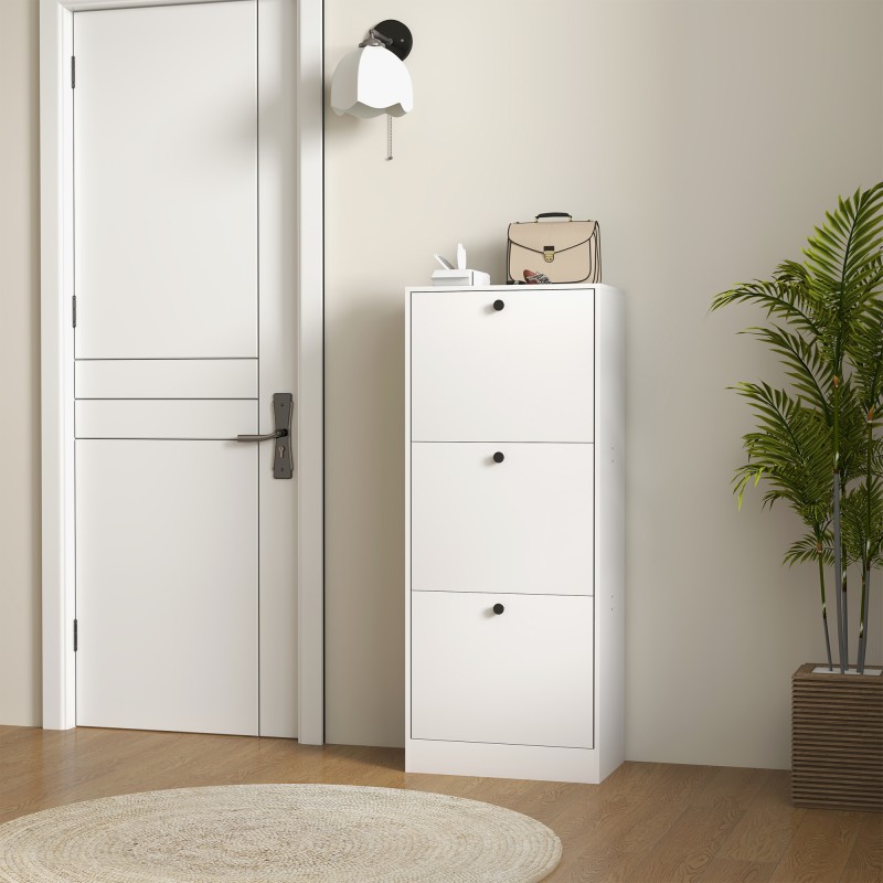 Kenkäkaappi eteiseen, 3 kippiovea, säädettävät hyllyt, lastulevy, 47 x 28 x 115 cm, valkoinen