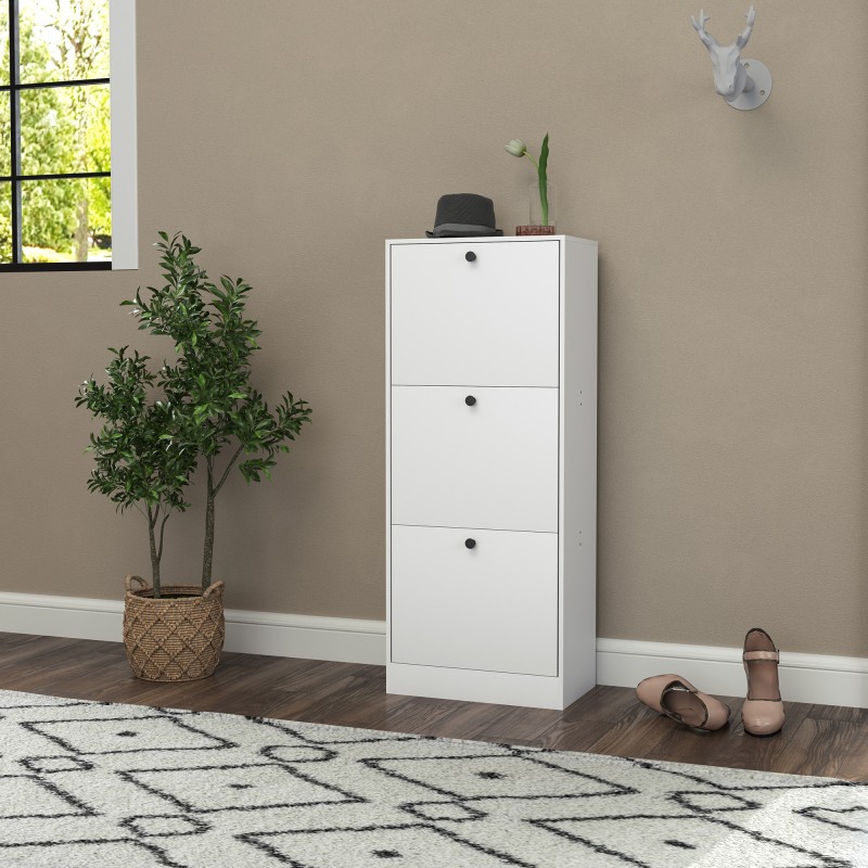 Kenkäkaappi eteiseen, 3 kippiovea, säädettävät hyllyt, lastulevy, 47 x 28 x 115 cm, valkoinen