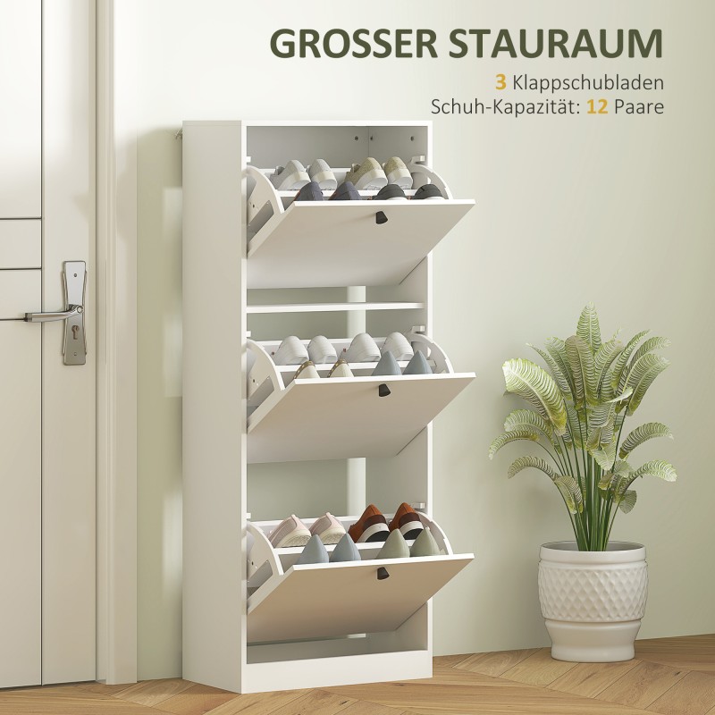 Kenkäkaappi eteiseen, 3 kääntyvää laatikkoa, lastulevy, 47x26x120 cm, jopa 12 paria, valkoinen