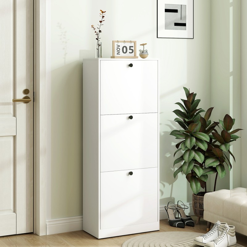 Kenkäkaappi eteiseen, 3 kääntyvää laatikkoa, lastulevy, 47x26x120 cm, jopa 12 paria, valkoinen