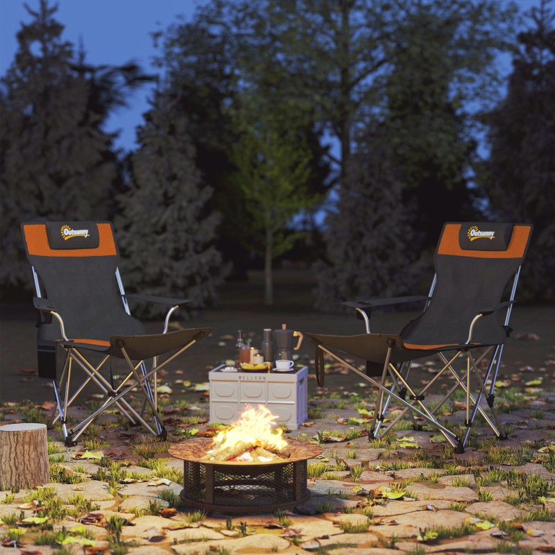 2 kpl kokoontaitettava retkituoli jalkatuella ja juomapidikkeellä, 120 kg, oranssi/musta