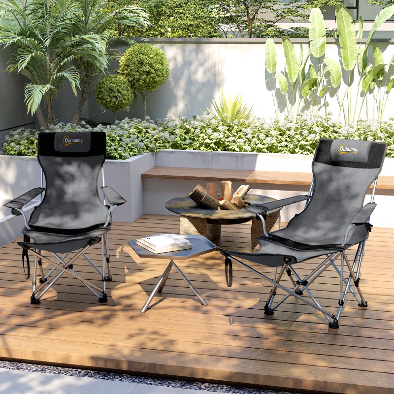 2 kpl taitettava retkituoli jalkatuella ja juomapidikkeellä, metalli ja 600D Oxford, harmaa