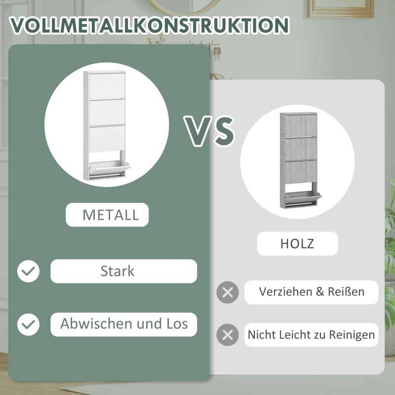 Kapea metallinen kenkäkaappi eteiseen, 4 kippilokeroa, jopa 8 paria, 55 x 15 x 139,5 cm, valkoinen