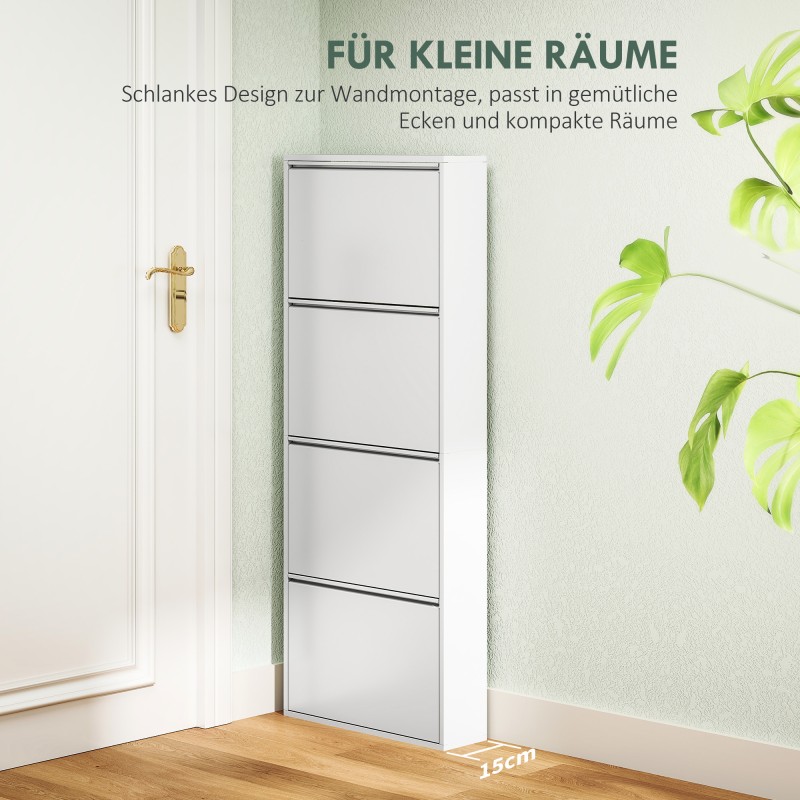 Kapea metallinen kenkäkaappi eteiseen, 4 kippilokeroa, jopa 8 paria, 55 x 15 x 139,5 cm, valkoinen