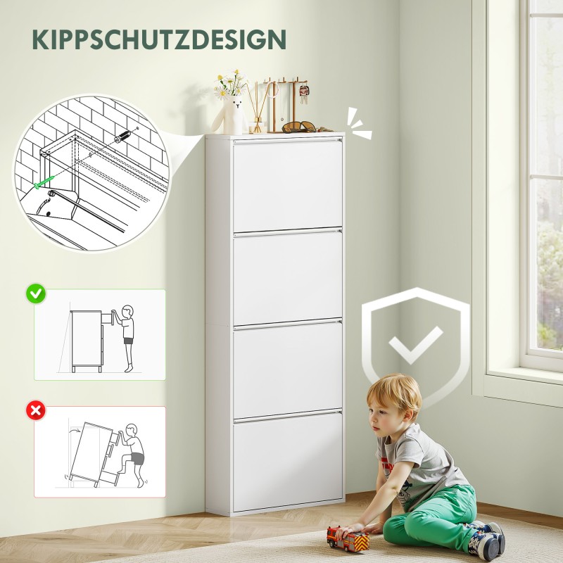 Kapea metallinen kenkäkaappi eteiseen, 4 kippilokeroa, jopa 8 paria, 55 x 15 x 139,5 cm, valkoinen