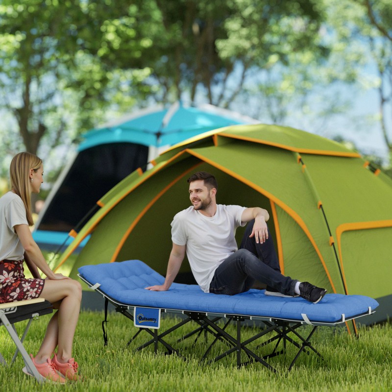 Taitettava retkisänky patjalla ja sivutaskulla 185 x 68 x 37 cm, sininen