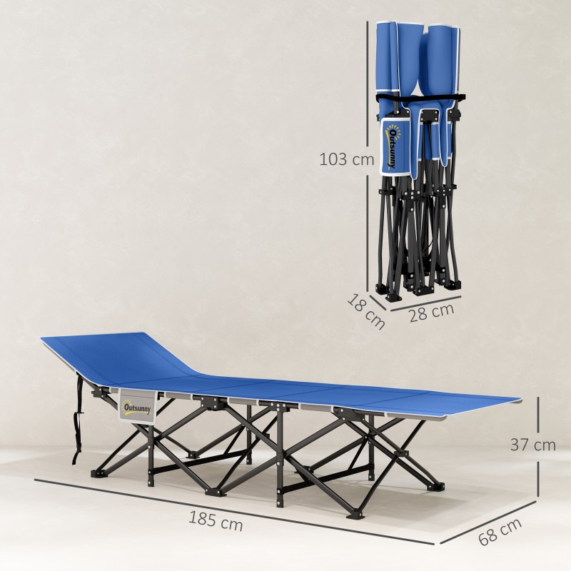 Taitettava retkisänky patjalla ja sivutaskulla 185 x 68 x 37 cm, sininen