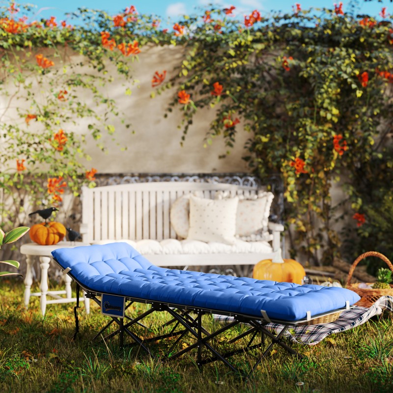 Taitettava retkisänky patjalla ja sivutaskulla 185 x 68 x 37 cm, sininen