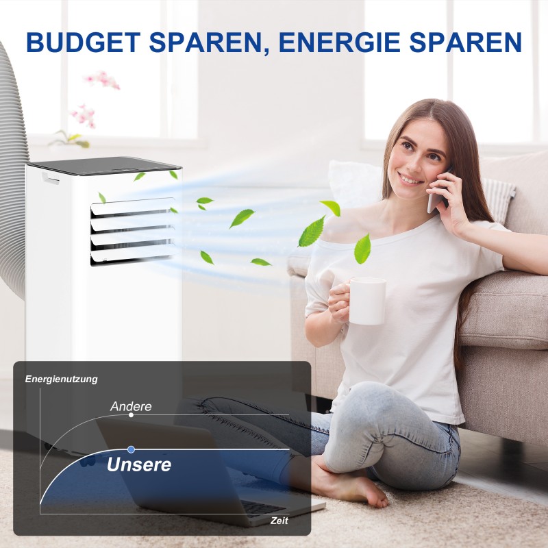 Siirrettävä 3-in-1 ilmastointilaite 7000 BTU, viilennys, kuivaus ja puhallin, LED-näyttö, pestävä suodatin, valkoinen