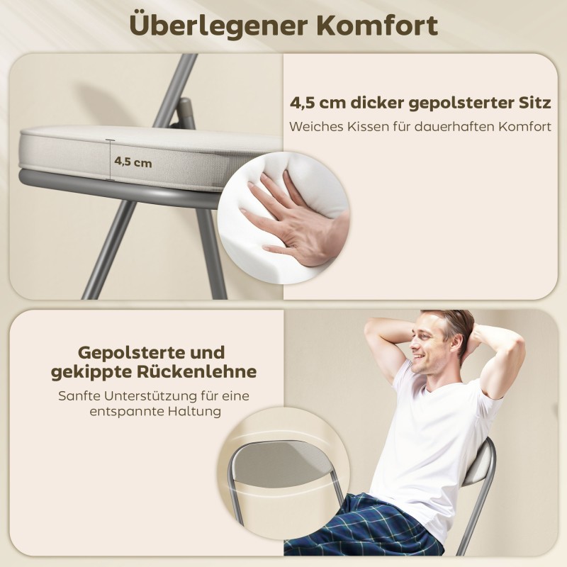 Taittotuolit vakosamettia 4 kpl, pehmustetut metallirunkoiset tuolit, cremevalkoinen