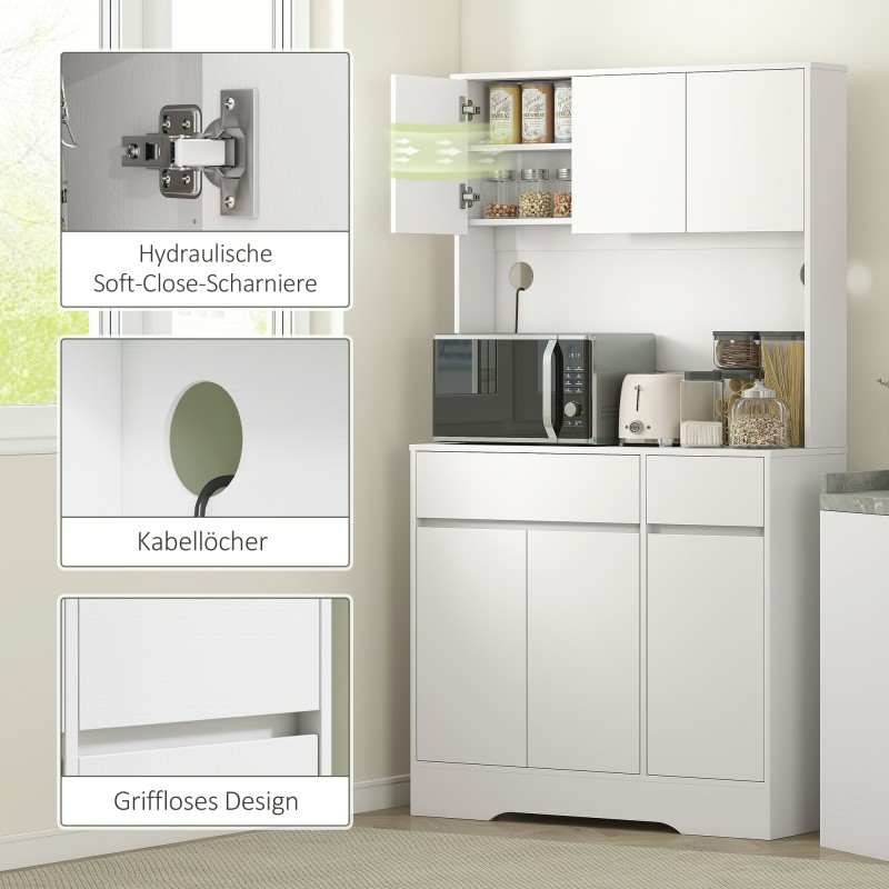 Keittiökaappi avoimella työtasolla, 6 ovea, 2 laatikkoa, säädettävät hyllyt, 100x38x180 cm, valkoinen