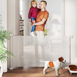 Liukuva turvaportti koirille, muovi/alumiini, max leveys 136 cm, korkeus 87 cm, valkoinen