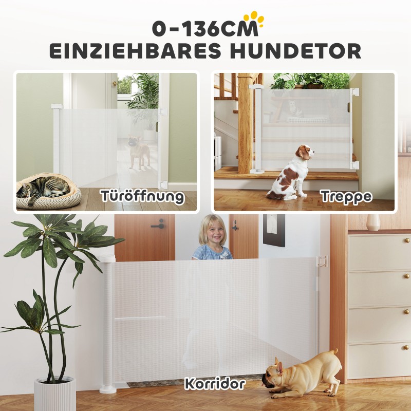 Liukuva turvaportti koirille, muovi/alumiini, max leveys 136 cm, korkeus 87 cm, valkoinen