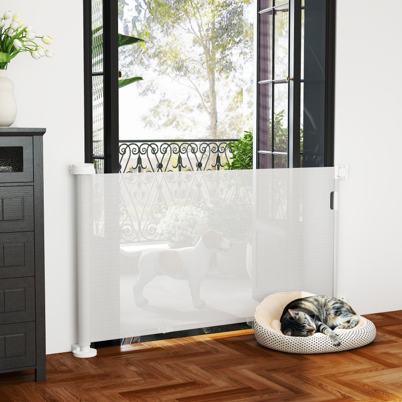 Liukuva turvaportti koirille, muovi/alumiini, max leveys 136 cm, korkeus 87 cm, valkoinen