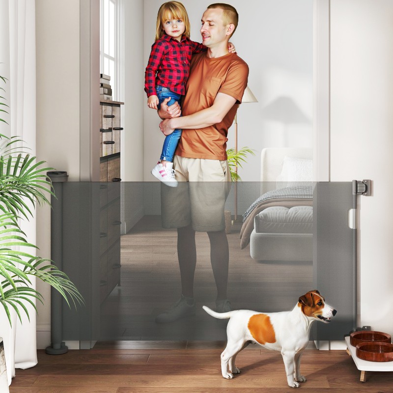 Ulosvedettävä turvaportti koirille muovi/alumiini 0–136 cm 87 cm korkea harmaa