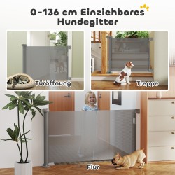 Ulosvedettävä turvaportti koirille muovi/alumiini 0–136 cm 87 cm korkea harmaa