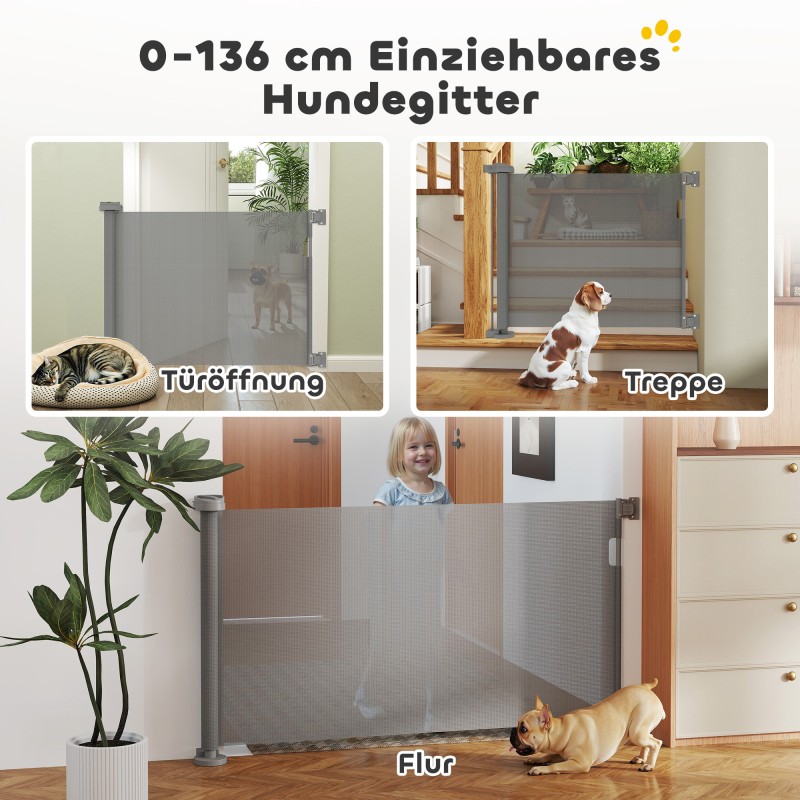 Ulosvedettävä turvaportti koirille muovi/alumiini 0–136 cm 87 cm korkea harmaa