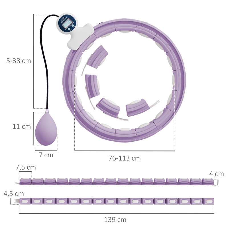Älykäs hulavanne aikuisille, 16 osaa, painokuula 400 g, laskuri, vyötärö 76–113 cm, violetti