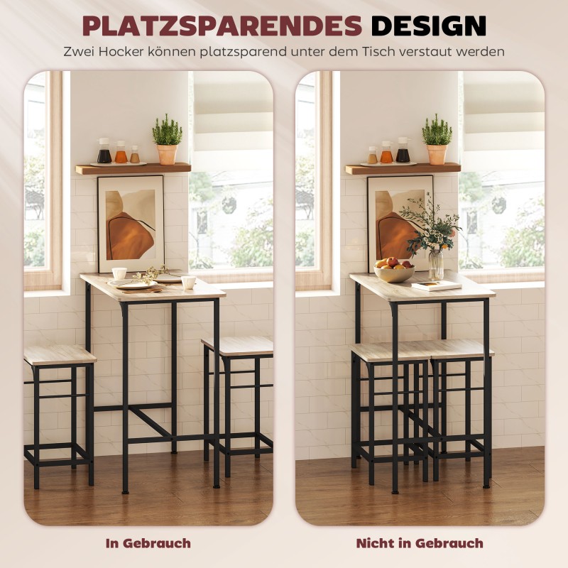 Baaripöytä ja 2 baarituolia, teollinen ruokailusetti, lastulevy ja teräs, 80 x 50 x 87 cm, luonnonpuu/musta