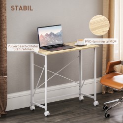 Kokoontaitettava työpöytä pyörillä, teräs ja MDF, 80 x 40 x 75 cm, luonnonvärinen/valkoinen
