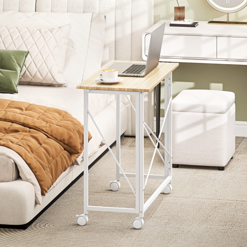 Kokoontaitettava työpöytä pyörillä, teräs ja MDF, 80 x 40 x 75 cm, luonnonvärinen/valkoinen