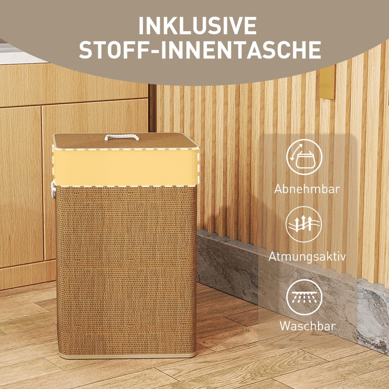 Bambuinen pyykkikori kannella 72 l, irrotettava pesupussi, ruskea