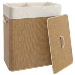 Bambuinen pyykkikori kannella 2 lokeroa irrotettava pyykkipussi 100 L ruskea