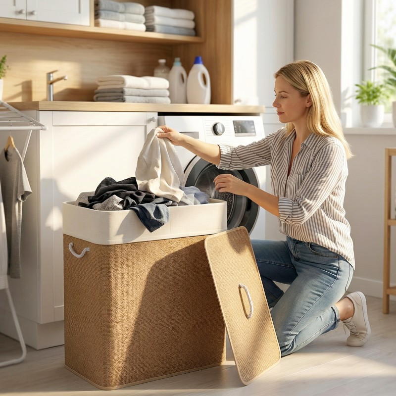 Bambuinen pyykkikori kannella, 2 lokeroa, irrotettava pyykkipussi, 100 L, ruskea