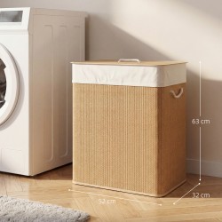 Bambuinen pyykkikori kannella, 2 lokeroa, irrotettava pyykkipussi, 100 L, ruskea