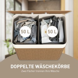 Bambuinen pyykkikori kannella, 2 lokeroa, irrotettava pyykkipussi, 100 L, ruskea