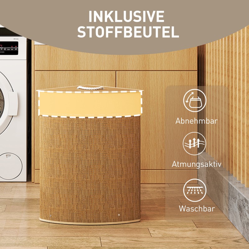 Pyykkikori kulmamallinen bambupunos 35x35x60 cm 55 L ruskea