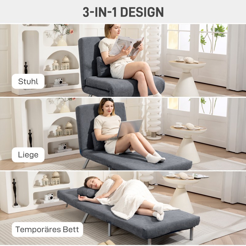 3-in-1 lepotuoli vuodetoiminnolla, taitettava vierassänky 190 cm, samettimainen kangas, tummanharmaa