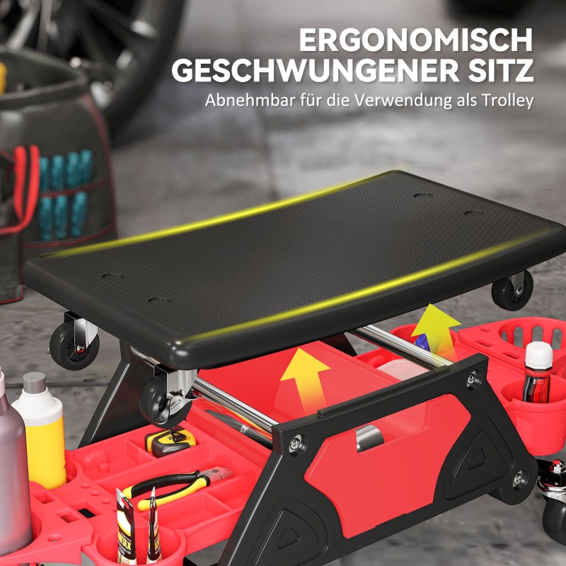 Työtuoli pyörillä ja säilytyslokerolla, muovia, max 135 kg, 33 cm korkea, punainen