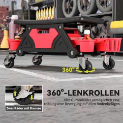 Työtuoli pyörillä ja säilytyslokerolla, muovia, max 135 kg, 33 cm korkea, punainen