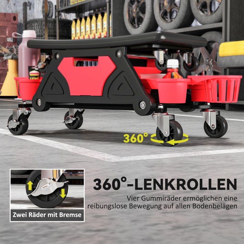 Työtuoli pyörillä ja säilytyslokerolla, muovia, max 135 kg, 33 cm korkea, punainen