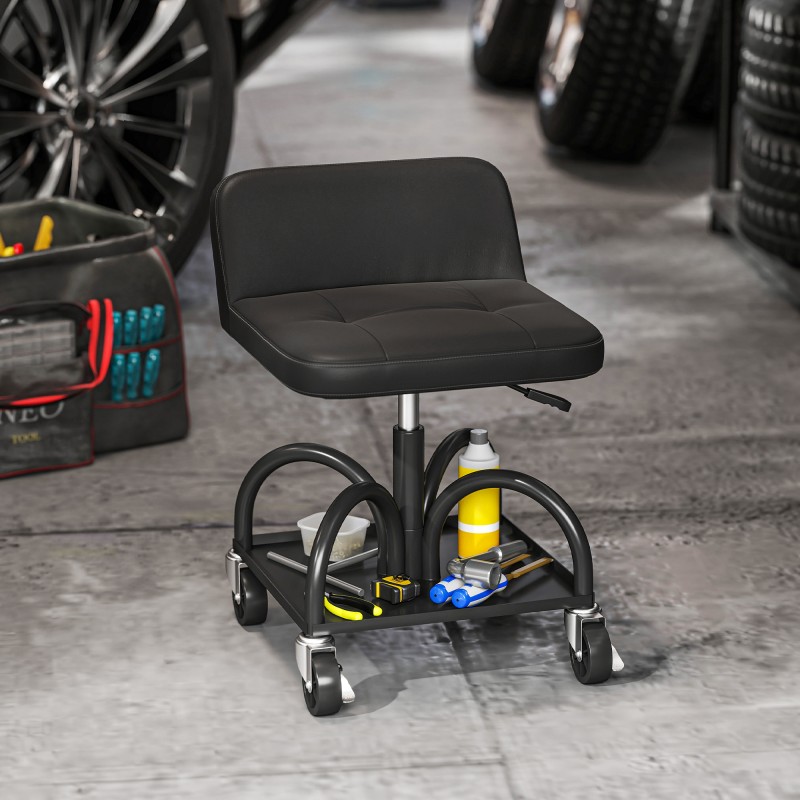 Korjaamotuoli pyörillä ja säilytystasolla, säädettävä 58,5–70,5 cm, 135 kg, teräs, musta