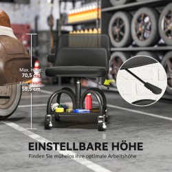 Korjaamotuoli pyörillä ja säilytystasolla, säädettävä 58,5–70,5 cm, 135 kg, teräs, musta