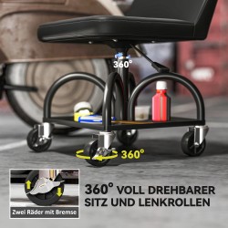 Korjaamotuoli pyörillä ja säilytystasolla, säädettävä 58,5–70,5 cm, 135 kg, teräs, musta