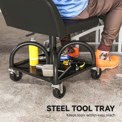 Korjaamotuoli pyörillä ja säilytystasolla, säädettävä 58,5–70,5 cm, 135 kg, teräs, musta