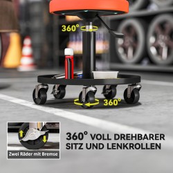 Työpajatuoli pyörillä ja säilytystasolla, teräs, korkeussäädettävä 38–50 cm, 135 kg, oranssi