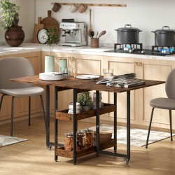 Taitettava ruokapöytä 4 hengelle, teollinen tyyli, lastulevy ja metalli, avohyllyt, rustiikin ruskea