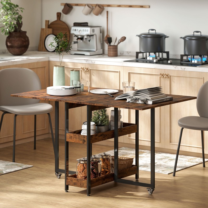 Taitettava ruokapöytä 4 hengelle, teollinen tyyli, lastulevy ja metalli, avohyllyt, rustiikin ruskea