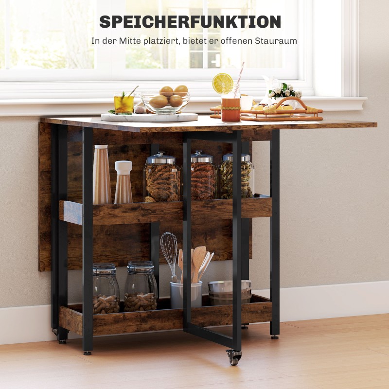 Taitettava ruokapöytä 4 hengelle, teollinen tyyli, lastulevy ja metalli, avohyllyt, rustiikin ruskea