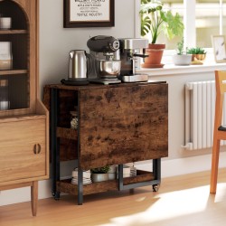 Taitettava ruokapöytä 4 hengelle, teollinen tyyli, lastulevy ja metalli, avohyllyt, rustiikin ruskea