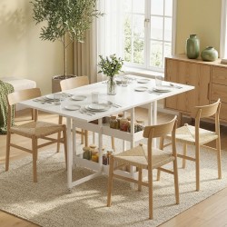 Taitettava ruokapöytä avohyllyillä ja pyörillä, 4 hengelle, metalli/lastulevy, valkoinen