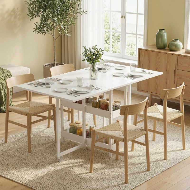 Taitettava ruokapöytä avohyllyillä ja pyörillä, 4 hengelle, metalli/lastulevy, valkoinen