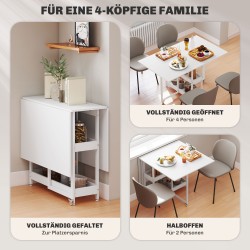 Taitettava ruokapöytä avohyllyillä ja pyörillä, 4 hengelle, metalli/lastulevy, valkoinen